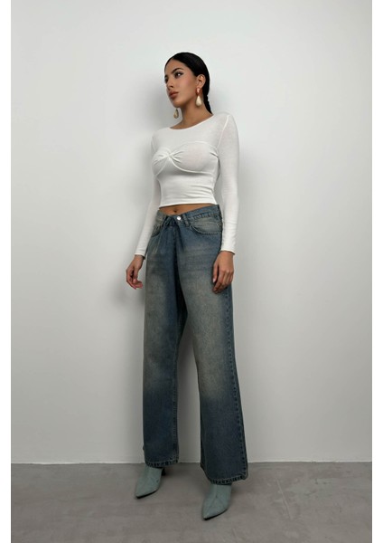 Düşük Bel Çift Düğmeli Wide Leg Jean