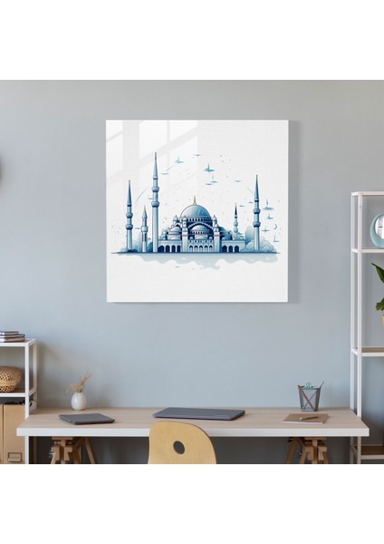 Anadolu Minimalist Cam Baskı - Anadolu, Sultanahmet Camii, Temiz Beyaz Fon, Elegance, 30X30 cm