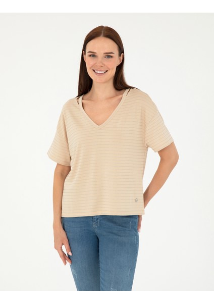 Kadın Bej Comfort Fit Çizgili Tişört 50284066-VR011