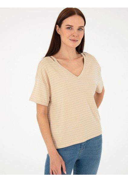 Kadın Bej Comfort Fit Çizgili Tişört 50284066-VR011