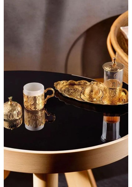 Ottoman Series Tepsili Altın Renkli Tek Kişilik Kahve Fincan Seti ve Su Bardağı 100 ml