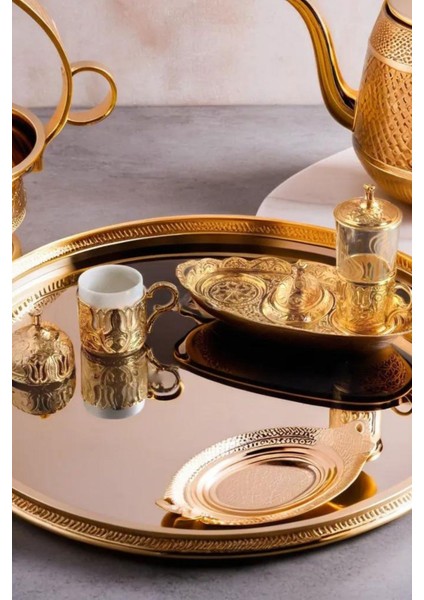 Ottoman Series Tepsili Altın Renkli Tek Kişilik Kahve Fincan Seti ve Su Bardağı 100 ml