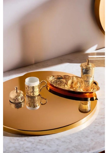 Ottoman Series Tepsili Altın Renkli Tek Kişilik Kahve Fincan Seti ve Su Bardağı 100 ml