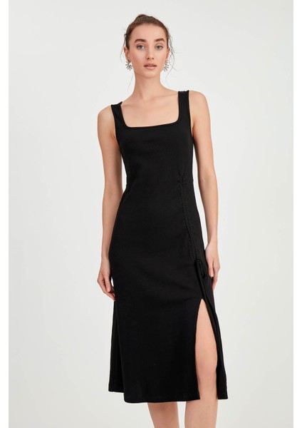 Kalın Askılı Önü Büzgülü Yırtmaçlı Örme Elbise fiyatları