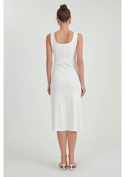 Kalın Askılı Önü Büzgülü Yırtmaçlı Örme Elbise modelleri