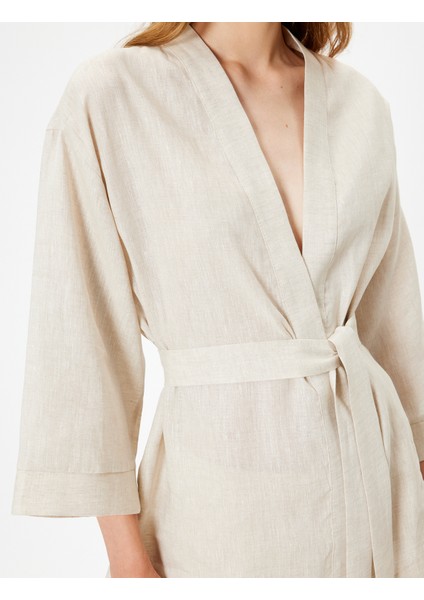 Oversize Keten Kimono Kalça Boy Geniş 3/4 Kol Kuşak Detaylı indirimleri