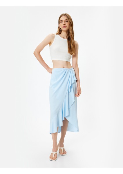 Midi Boy Fırfırlı Etek Kruvaze Asimetrik Keten Karışımlı