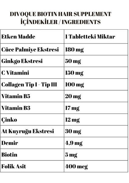 Saç Vitamini 60 Tablet - (5000 Mcg Biotin + Kolajen Tip I - Tip III+ Çinko + Demir...)