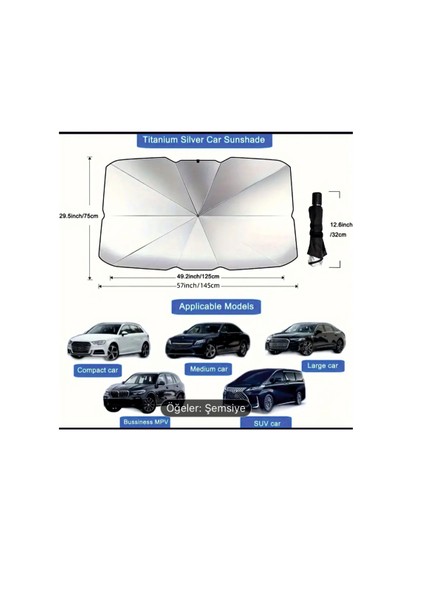 Oto Katlanabilir Güneşlik Şemsiye Ön Cam Gölgelik Uv Koruma Isı Yalıtımı Dayanıklı Gümüş Kaplamalı Ön Cam Şemsiye Large 140-80CM Özel Esnek Saplı Güneş Koruyucu