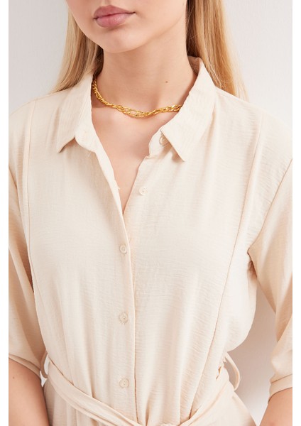 2442 Kuşaklı Gömlek Elbise - Krem indirimleri