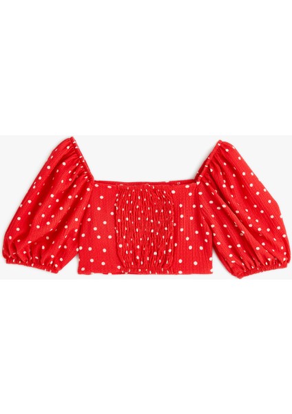 Crop Bluz Kısa Balon Kollu Fiyonk Detaylı Puantiyeli