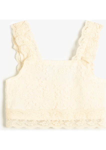 Dantelli Crop Bluz Askılı Kare Yaka Astarlı