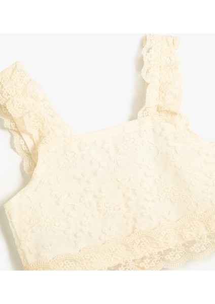 Dantelli Crop Bluz Askılı Kare Yaka Astarlı modelleri