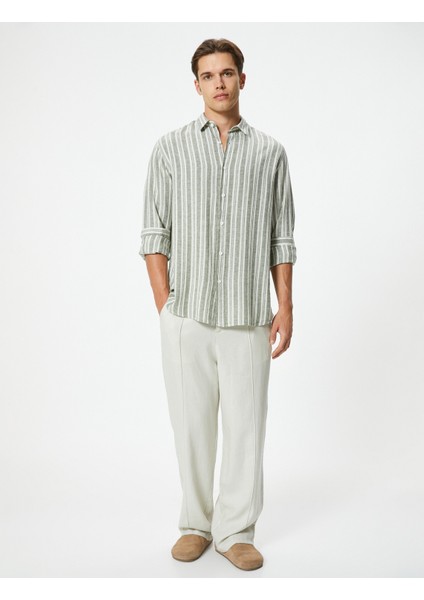 Uzun Kollu Gömlek Düğmeli Keten Karışımlı