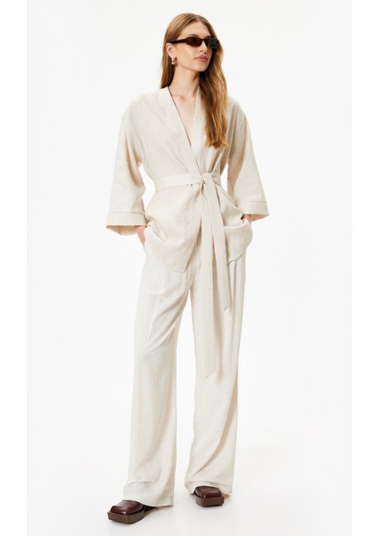 Oversize Keten Kimono Kalça Boy Geniş 3/4 Kol Kuşak Detaylı fiyatları