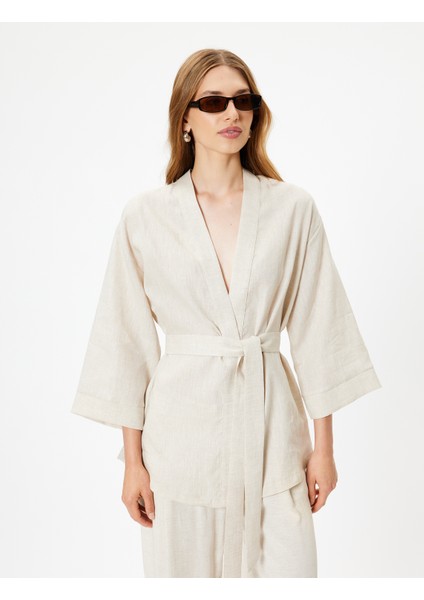 Oversize Keten Kimono Kalça Boy Geniş 3/4 Kol Kuşak Detaylı modelleri
