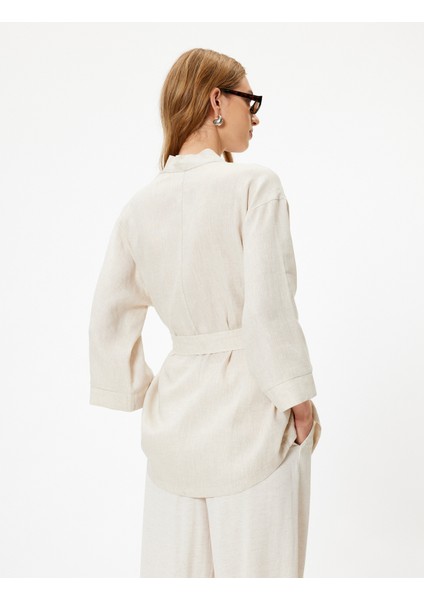 Oversize Keten Kimono Kalça Boy Geniş 3/4 Kol Kuşak Detaylı fırsatları