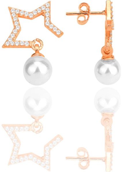 Gümüş Rose Zirkon Taşlı,inci Sallantılı Yarım Yıldız Küpe SGTL12260ROSE