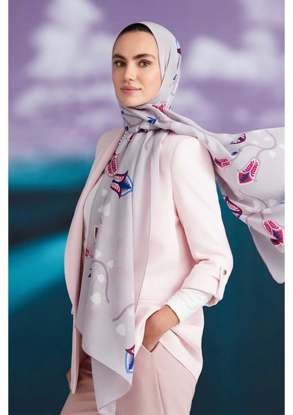 Çöl Çiçeği Gri Krep Ipek Şal 80X210
