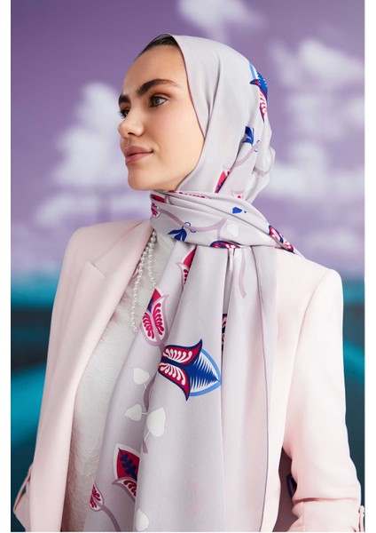 Çöl Çiçeği Gri Krep Ipek Şal 80X210