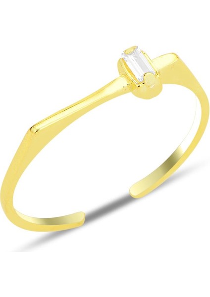 Gümüş Altın Yaldızlı Zirkon Baget Tek Taşlı Alttan Ayarlanabilir Yüzük SGTL12237GOLD