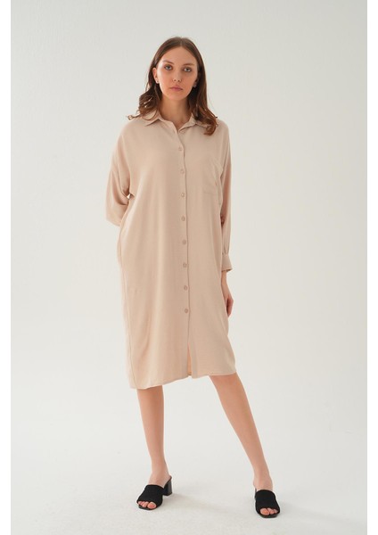 6773-1 Cep Detay Uzun Tunik Bej