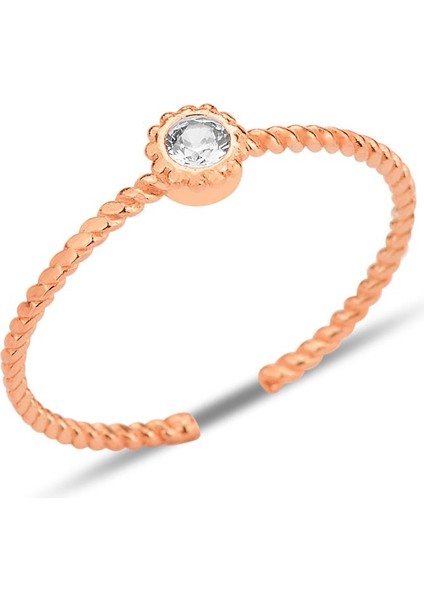 Gümüş Rose Zirkon Taşlı Alttan Ayarlanabilir Burgulu Tek Taş Yüzük SGTL12230ROSE