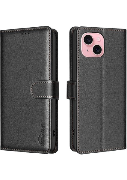 IPhone 15 Için Flip Case Manyetik Cüzdan Rfıd Engelleme Kart Tutucu Pu (Yurt Dışından)
