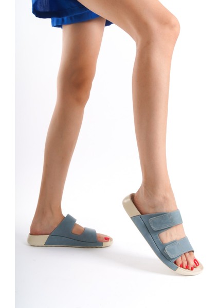 Hakiki Deri Summer Kadın Çift Bantlı Nubuk Özel Taban Mavi Terlik - MSSR26-M
