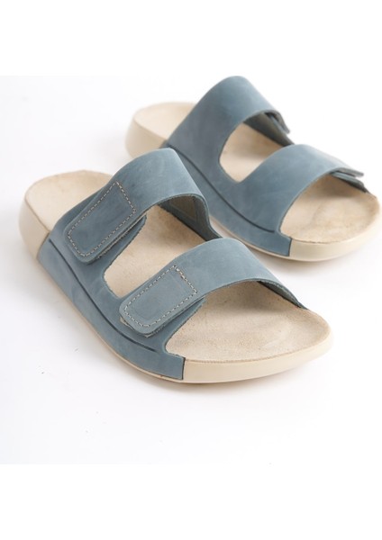 Hakiki Deri Summer Kadın Çift Bantlı Nubuk Özel Taban Mavi Terlik - MSSR26-M fiyatları