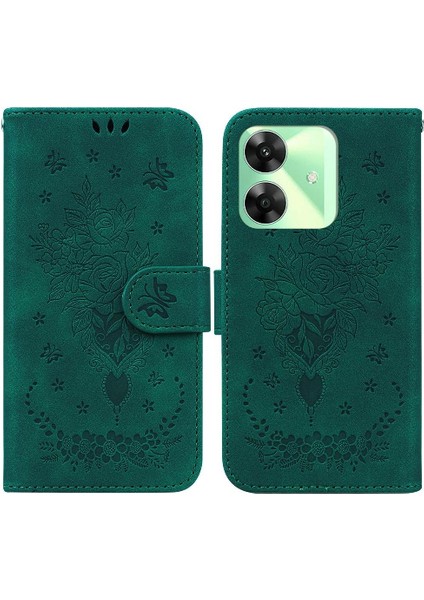 Realme C61 Kickstand Kabartma Gül Çiçekler Flip Pu Deri Kapak Için Kılıf (Yurt Dışından)