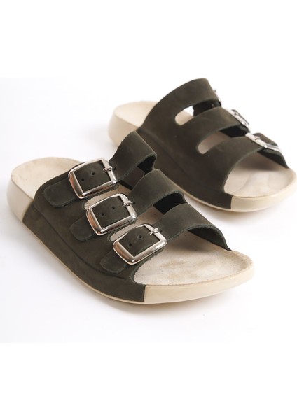 Hakiki Deri Summer Kadın Üç Bantlı Nubuk Özel Taban Haki Terlik - MSSR18-HK