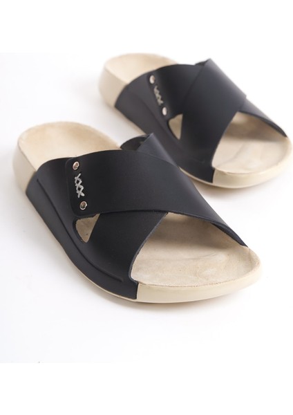 Hakiki Deri Summer Kadın Çapraz Bantlı Siyah Terlik -MSSR56-S