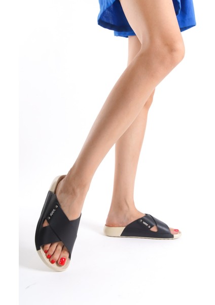 Hakiki Deri Summer Kadın Çapraz Bantlı Siyah Terlik -MSSR56-S fiyatları