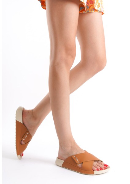 Hakiki Deri Summer Kadın Çapraz Bantlı Taba Terlik -MSSR56-TB