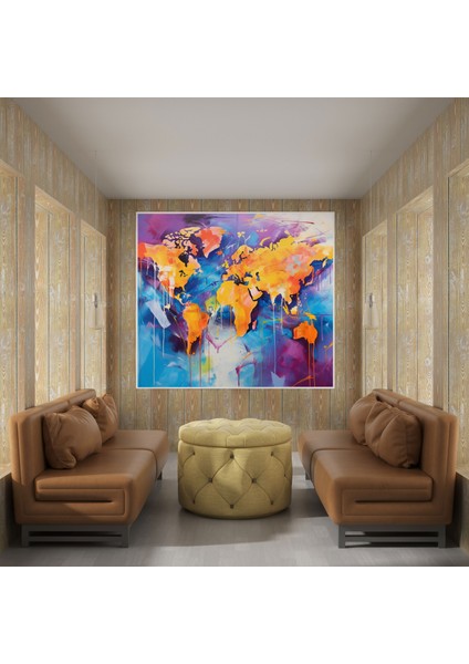 Kanvas Tablo - Renkli Soyut Dünya Haritası - Dünya Haritası, Kanvas Tablo, Ev Dekorasyonu, Dinamik Fırça Darbeleri, 30X30 fiyatları