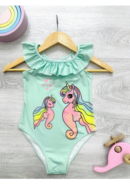 Kız Bebek ve Çocuk Unicorn Desenli Yakası Fırfır Detaylı Hızlı Kuruyan Şık Mayo