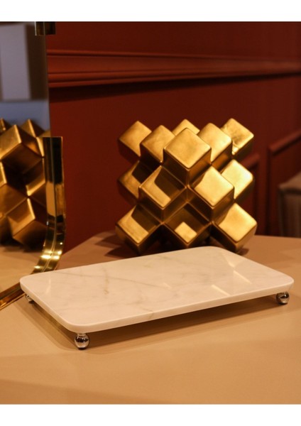 Doğal Mermer Tepsi Sunumluk Gümüş Ayaklı Dekoratif 30X20 cm