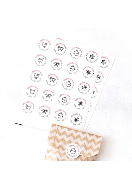 20 Adet Çam ve Kar Desenli Kese Kağıdı 18 x 30 cm ve Yılbaşı Stickerdan Oluşan Set