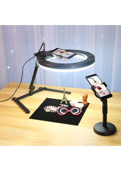 Siyah Masaüstü Ürün Çekim Standı Video ve Fotoğraf Çekimi 10" Ring Light Tripod Selfie Işığı Çekim