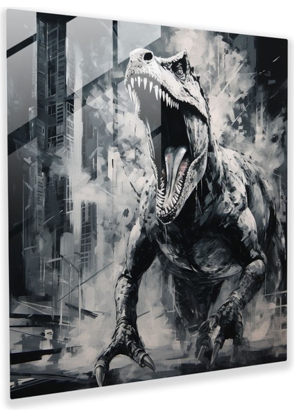 Fütüristik Monokromatik T-Rex Kükreyen Cam Baskı Duvar Sanatı, 30X30