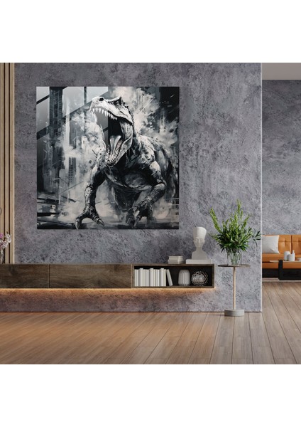 Fütüristik Monokromatik T-Rex Kükreyen Cam Baskı Duvar Sanatı, 30X30 fiyatları