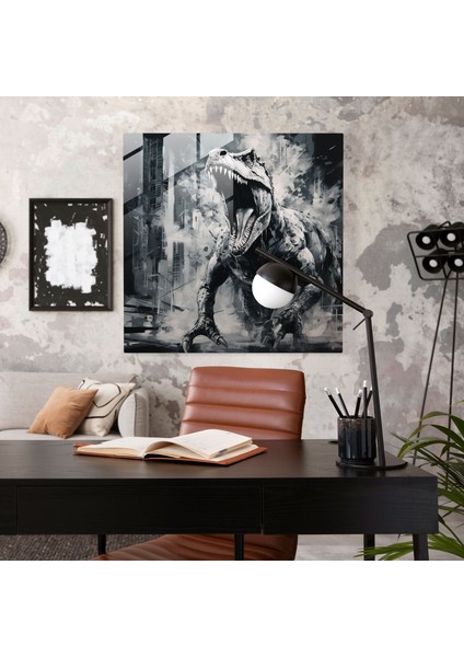 Fütüristik Monokromatik T-Rex Kükreyen Cam Baskı Duvar Sanatı, 30X30 modelleri