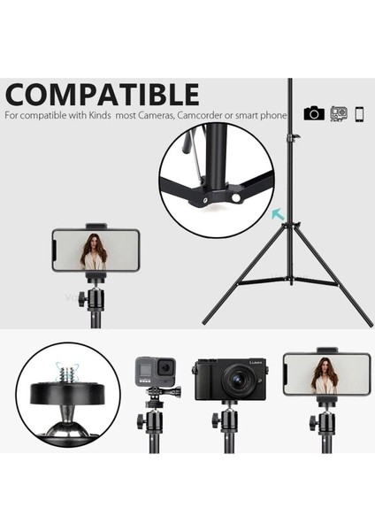 Siyah Bluetooth Kumandalı Tripod 2.1 Metre Metal Ring Lıght Lamba Ayağı 360 Döner Başlıklı Telefon