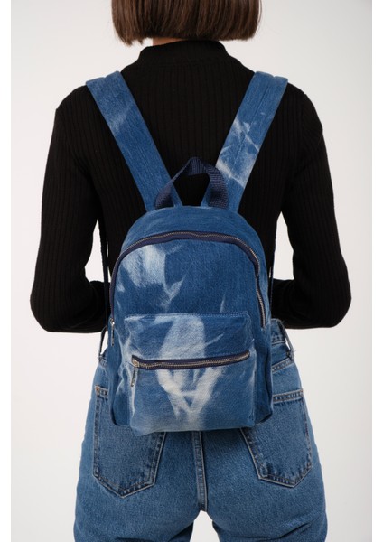 Indigo Renk Kadın Çanta, Batik Yıkamalı Tie Dye Indigo Kot Denim Kadın Sırt Çantası, Fermuarlı Çanta