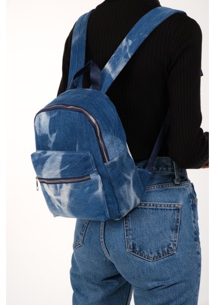 Indigo Renk Kadın Çanta, Batik Yıkamalı Tie Dye Indigo Kot Denim Kadın Sırt Çantası, Fermuarlı Çanta fiyatları
