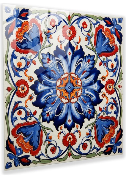 Osmanlı Imparatorluğu Çini Karo - Girift Çiçek Desenli - Osmanlı Imparatorluğu, Duvar Süslemesi, Çini Karo, Cam Duvar Sanatı, 30X30 cm