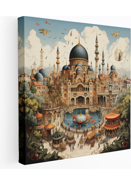 Yüksek Kaliteli Kanvas Tablo: Topkapı Sarayı ve Istanbul Çarşılarını Sergileyen Süslü Kaligrafi, 30X30 cm