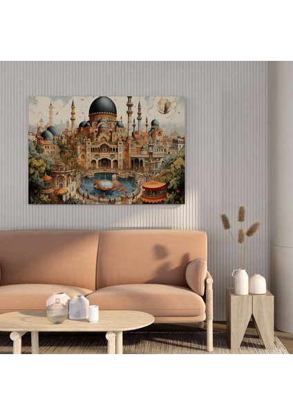 Yüksek Kaliteli Kanvas Tablo: Topkapı Sarayı ve Istanbul Çarşılarını Sergileyen Süslü Kaligrafi, 30X30 cm