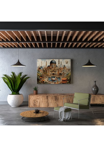Yüksek Kaliteli Kanvas Tablo: Topkapı Sarayı ve Istanbul Çarşılarını Sergileyen Süslü Kaligrafi, 30X30 cm